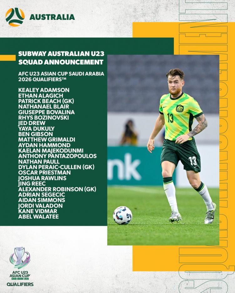 北青：澳大利亚U22队24人名单有4人旅欧，澳超金靴值得重点提防